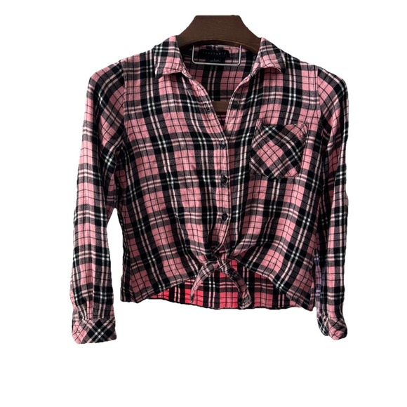 Sanctuary Anthropology Women's  S Pink Flannel Tie Up Cropped Shorty Long Sleeve - Picture 1 of 7